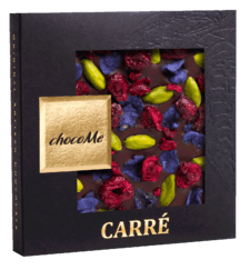 Hořká čokoláda s kandovanými lístky fialek, pistáciemi z Bronte a višněmi