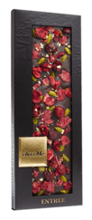 Hořká čokoláda s růžovými lístky, višněmi, pistáciemi z Bronte a 23 karátovým zlatem