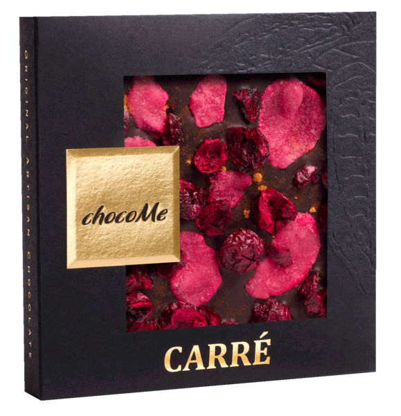 Hořká čokoláda s kandovanými plátky růží, višněmi a skořicí 