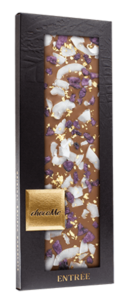 Mléčná čokoláda s kandovanými lístky fialek, kokosem a 23 karátovým zlatem